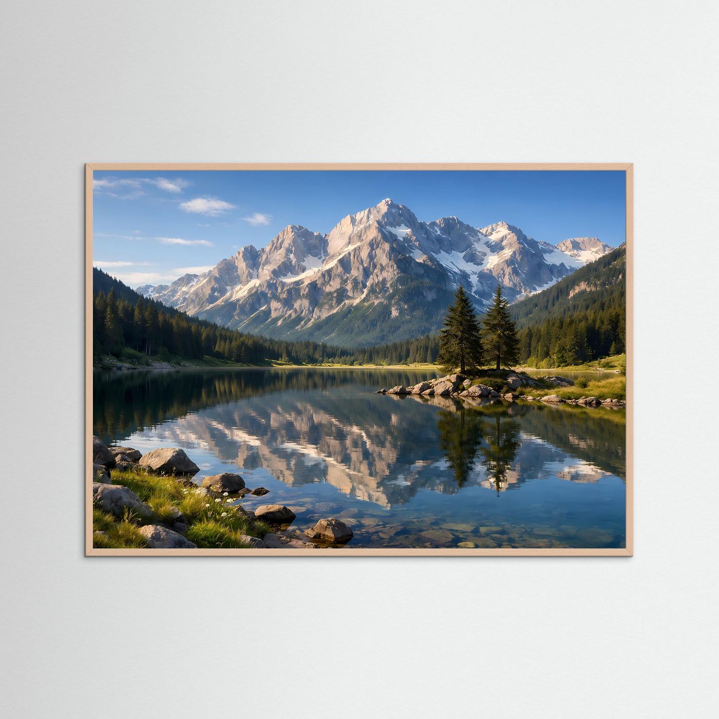 Gerahmtes Naturposter im Querformat: Bergsee mit Felseninsel und Spiegelung