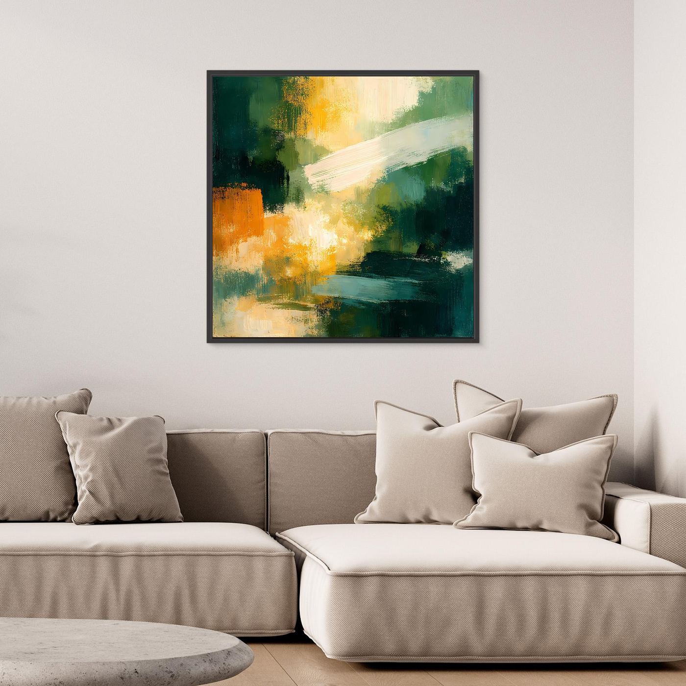 Abstraktes Leinwand-Wandbild mit grünen Farbflächen, orange-gelbem Licht, mit schwarzem Rahmen