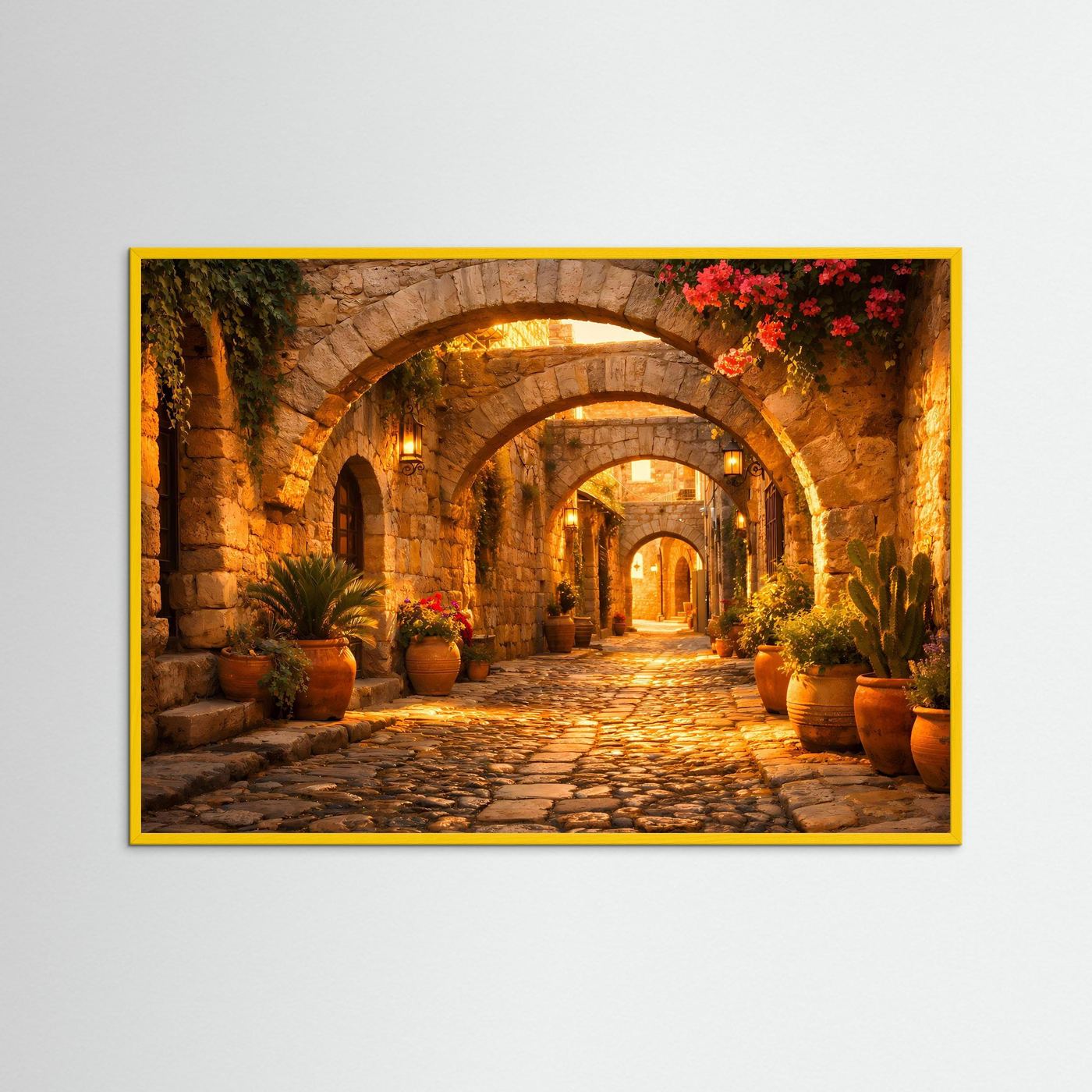 Wandbild mit mediterraner Gasse unter Steinbögen und roten Blüten; gelber Rahmen.