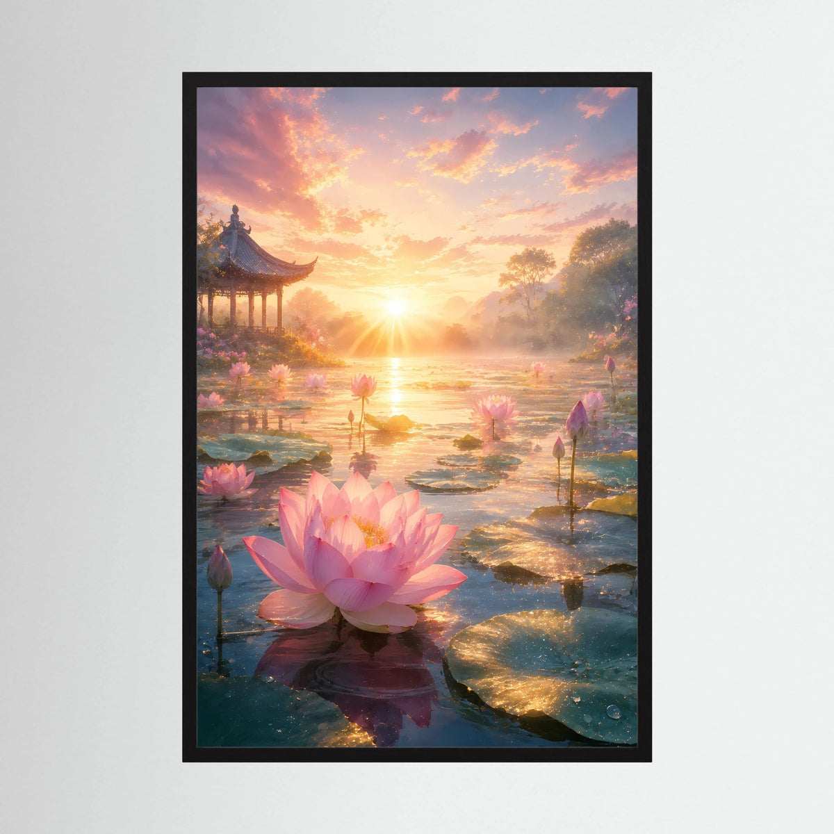 Poster im Hochformat mit rosa Lotusblüte am Teich, schwarzer Rahmen