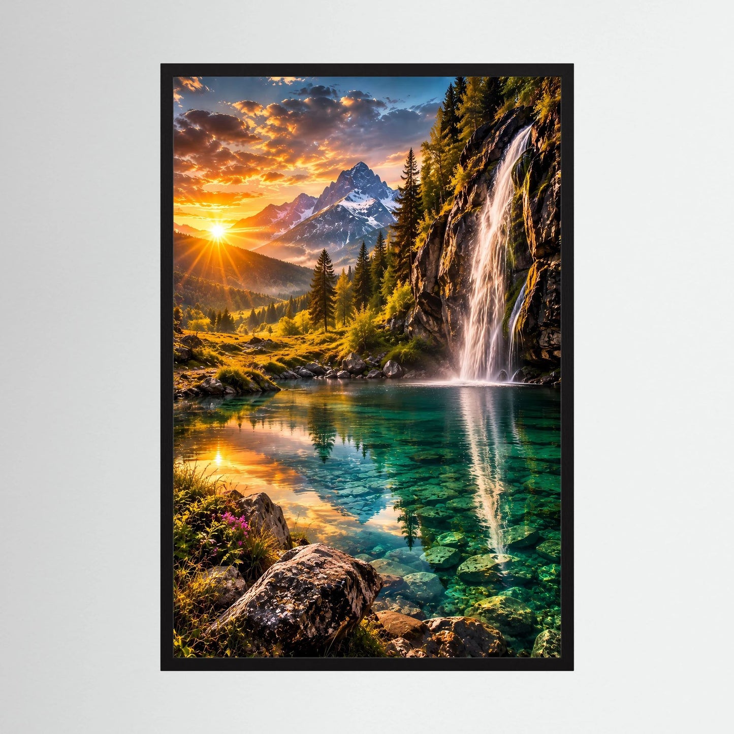 Hochformat-Poster im schwarzen Rahmen mit Bergsee und Wasserfall bei Sonnenuntergang