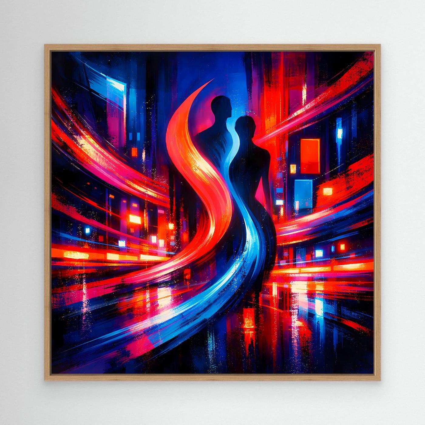 Abstraktes Leinwand-Wandbild mit hellem Holzrahmen, Neon-City und Paar-Silhouette