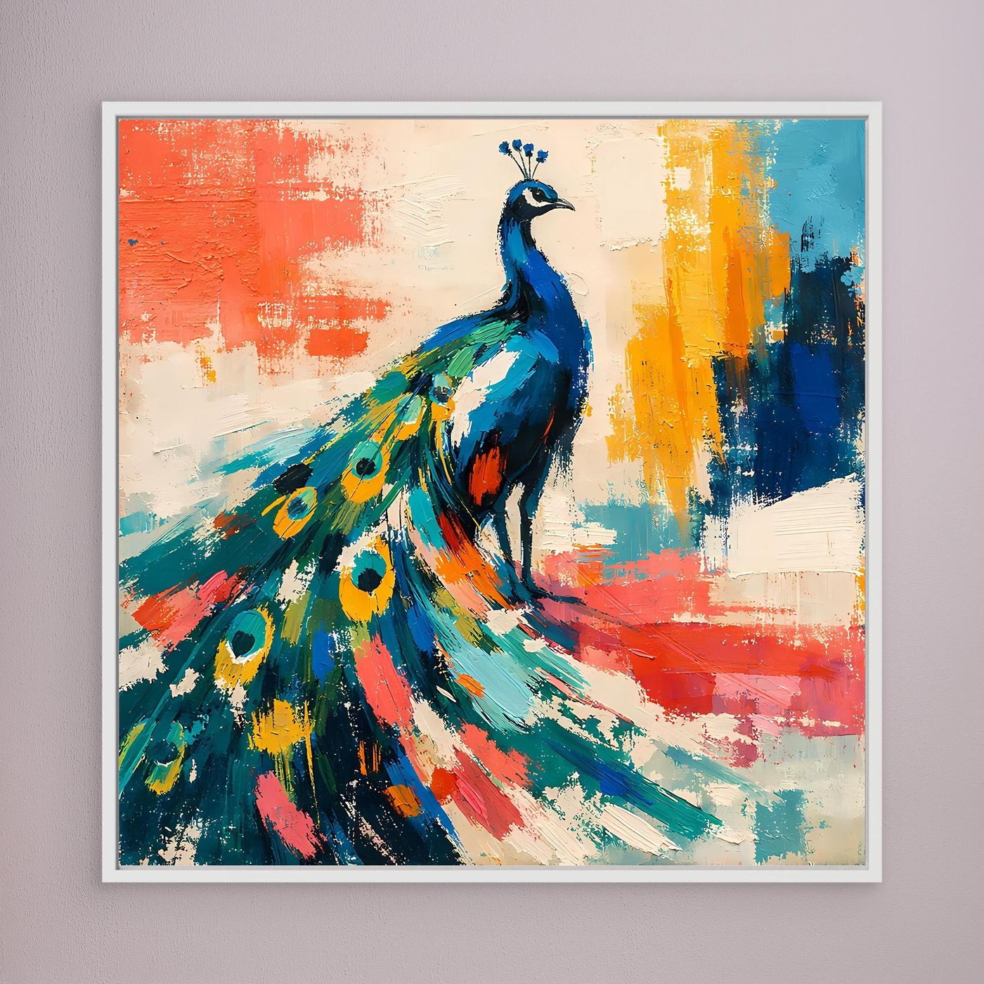Canvas abstract peacock wall art with multicolor feathers and white frame