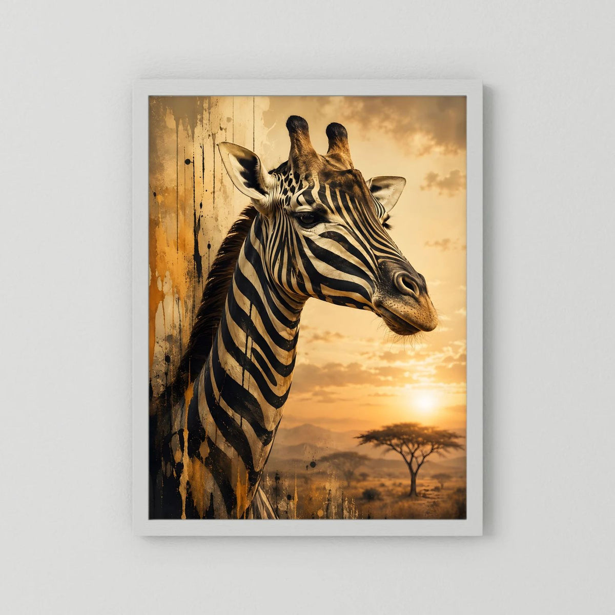 Tierposter im Hochformat: Giraffe im Zebra-Look, weißer Rahmen ohne Passepartout