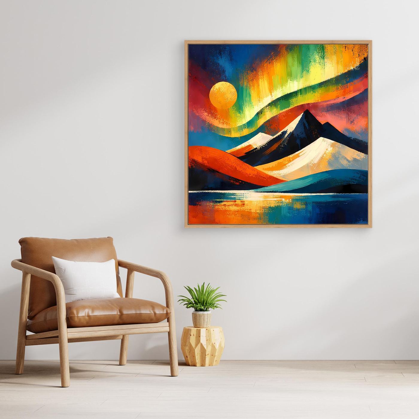Gerahmtes abstraktes Leinwandbild mit Berglandschaft, gelber Sonne, Regenbogenbogen und Fluss
