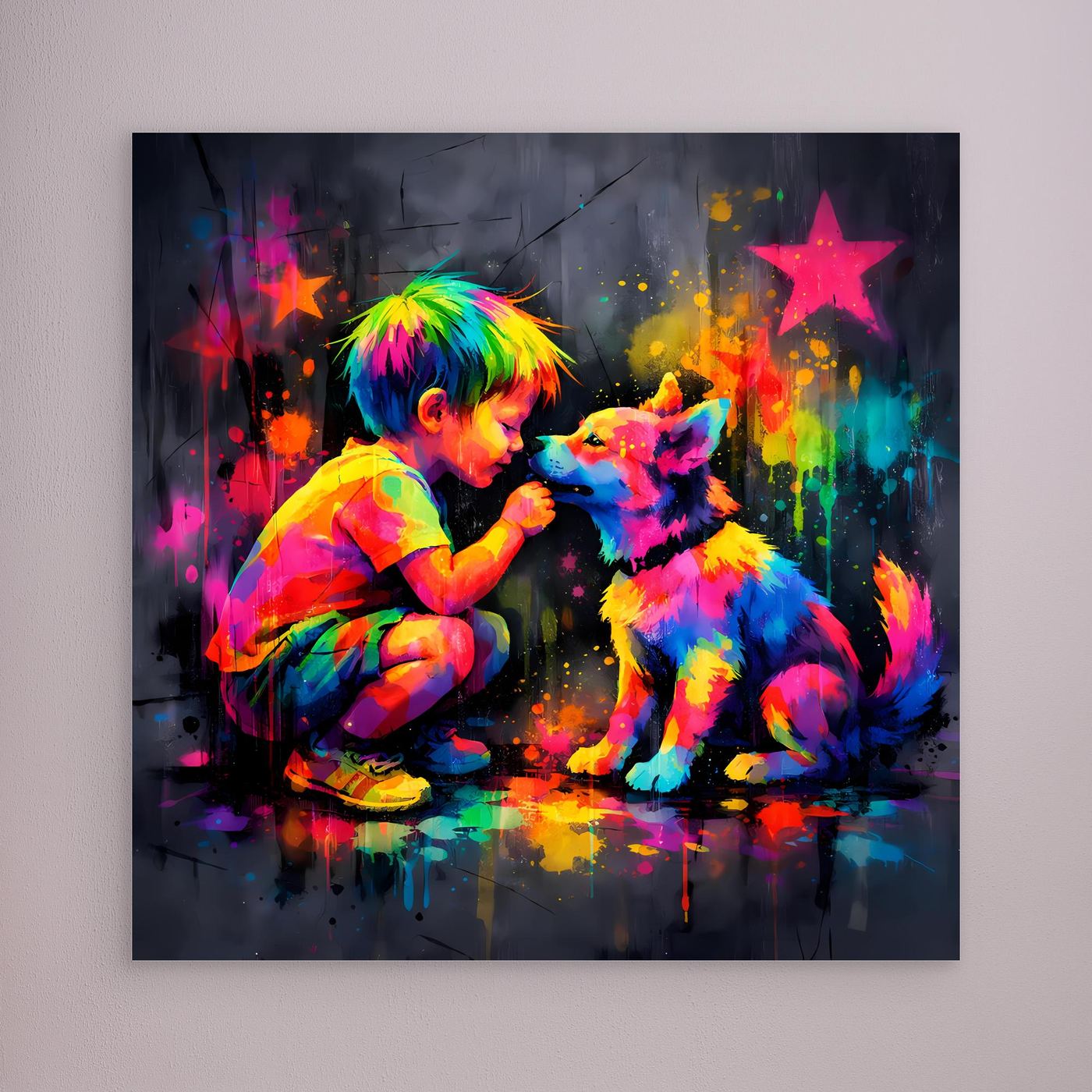 Leinwandbild mit buntem Graffiti: Kind und Hund kuscheln, Farb-Spritzer und Sterne