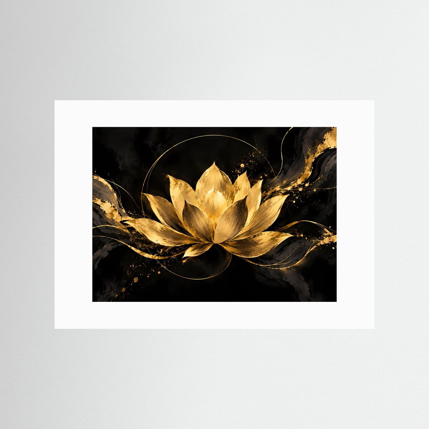 Poster im Querformat mit weißem Passepartout und goldener Lotusblüte auf Schwarz