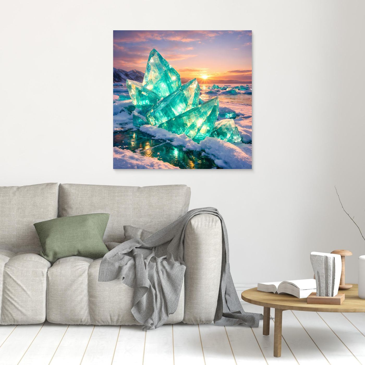 Leinwandbild mit türkisgrünen Eiskristallen, Wintersonne, kleiner Holzrahmen