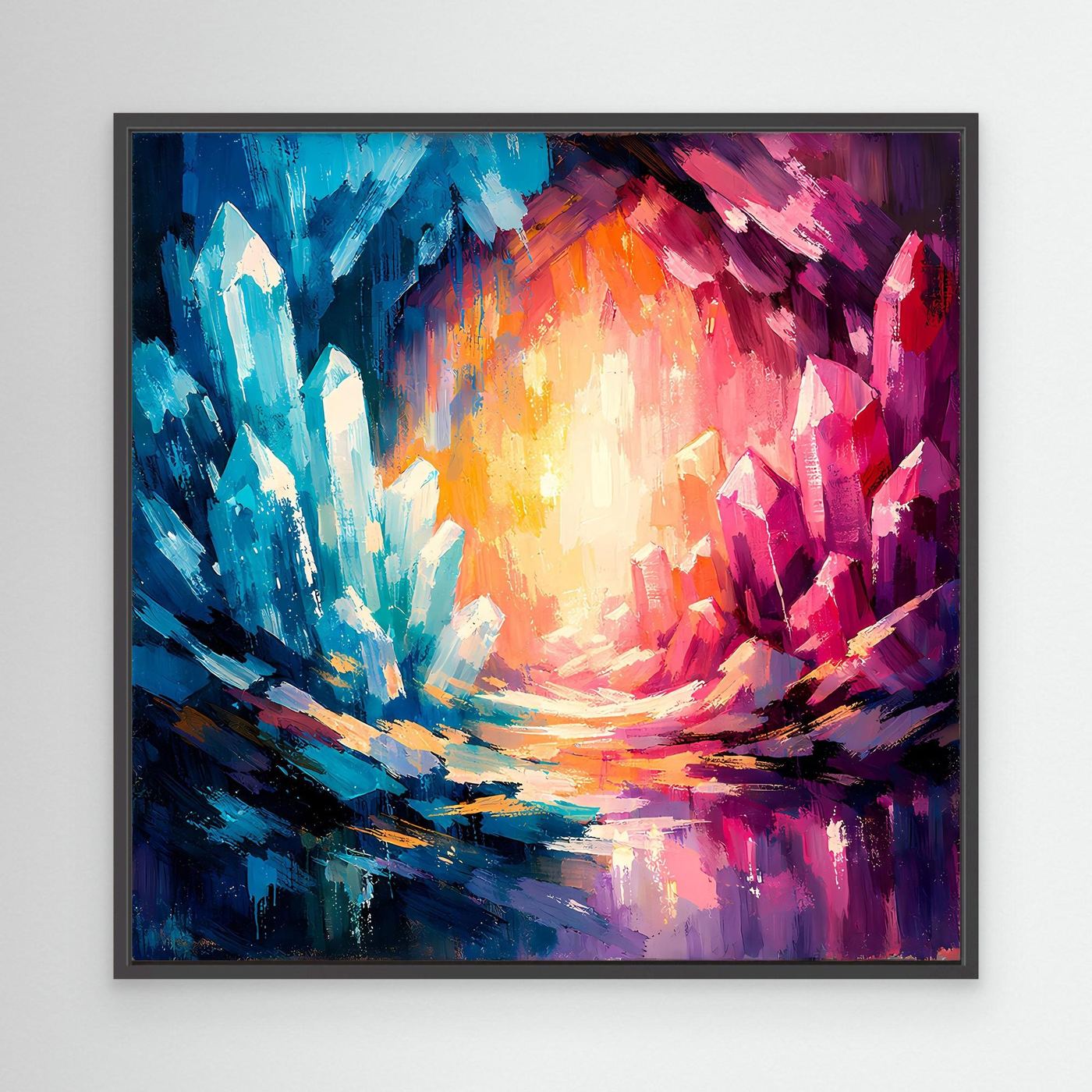 Black-framed abstract canvas wall art with blue, pink, and orange crystal burst