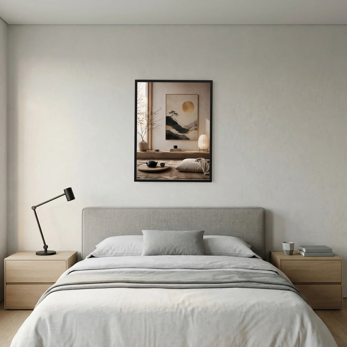 Poster im schwarzen Rahmen: goldene Sonne, Berglandschaft und Baum vor beigem Hintergrund.