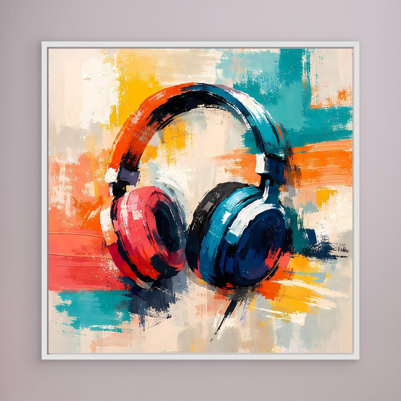 Light-framed canvas wall art with colorful abstract over-ear headphones