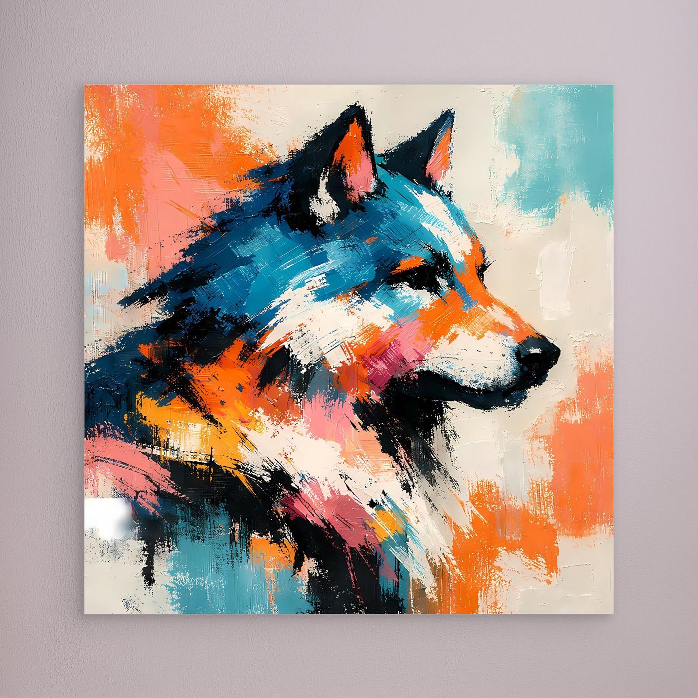 Abstrakte Wolf-Leinwand, blau-schwarz mit orangefarbenen Spritzern, ohne Rahmen
