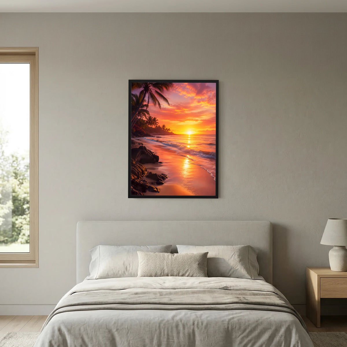 Poster im Hochformat mit tropischem Strand und Sonnenuntergang, Palmen, schwarz gerahmt