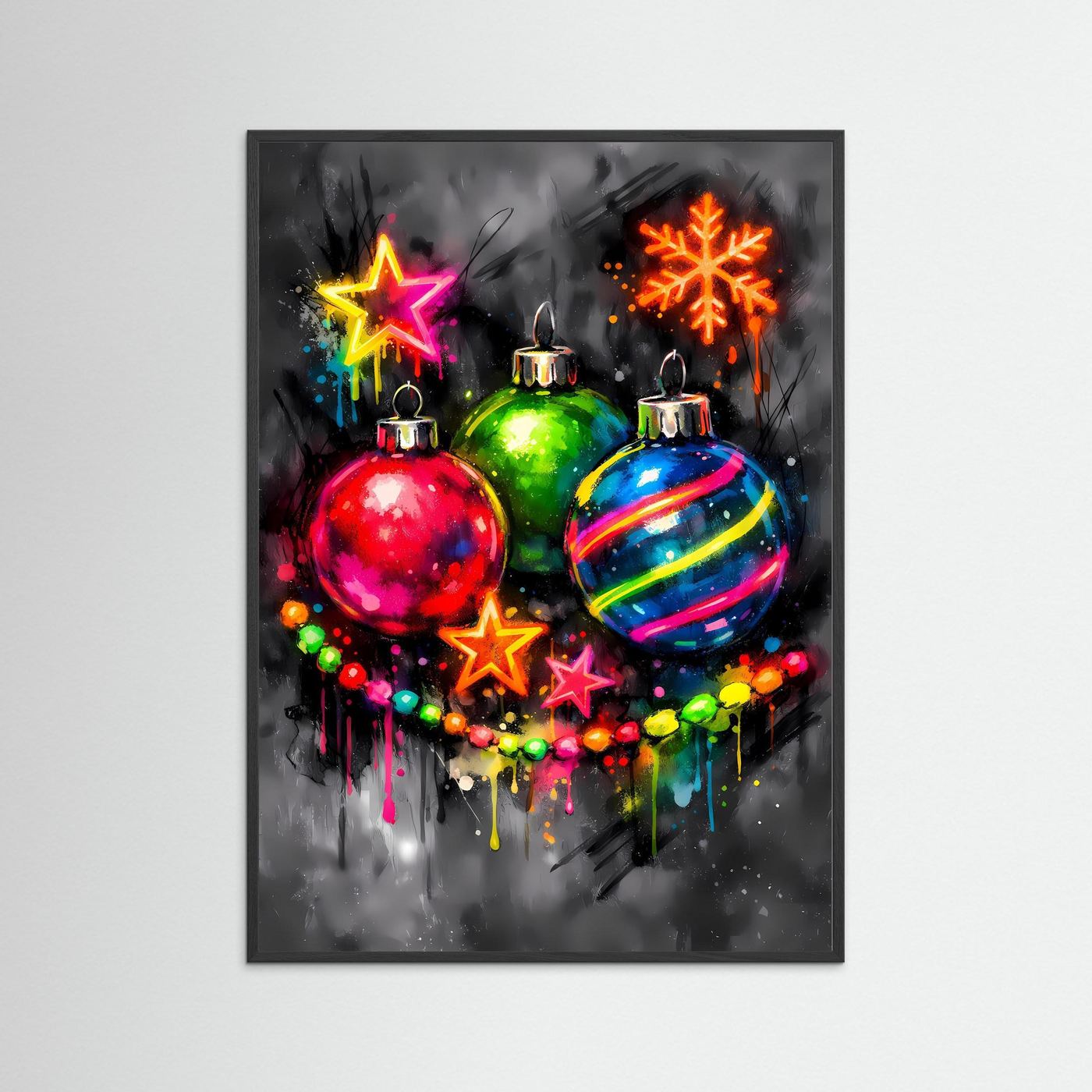 Die Magie des Festes | Neon Weihnachtskugeln Poster in bunten Farben | Abstraktes Kunstposter Hochformat