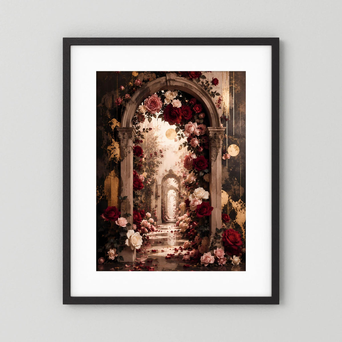 Hochformatiges Poster im schwarzen Rahmen mit Rosenbogen und roten Rosen