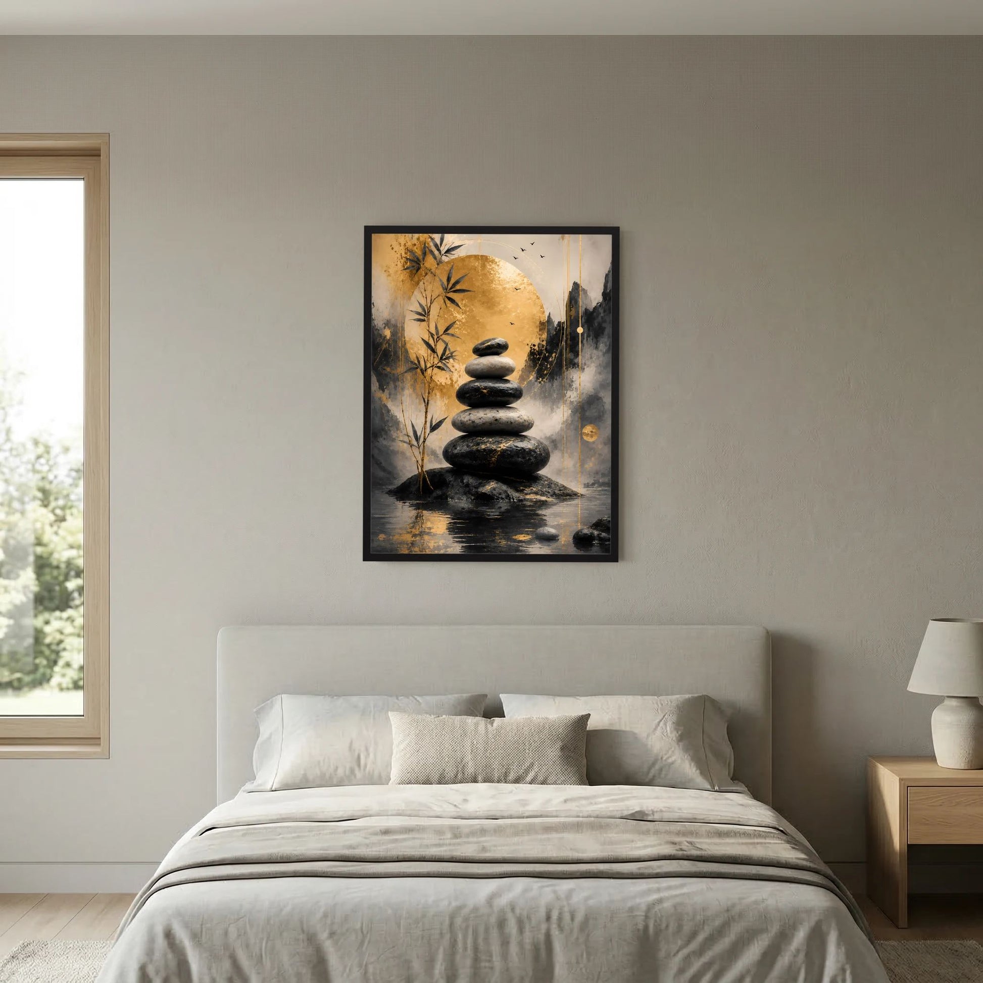 Gerahmtes Wandposter mit schwarzen Steinen im Stapel und Bambus, goldene Akzente im Motiv