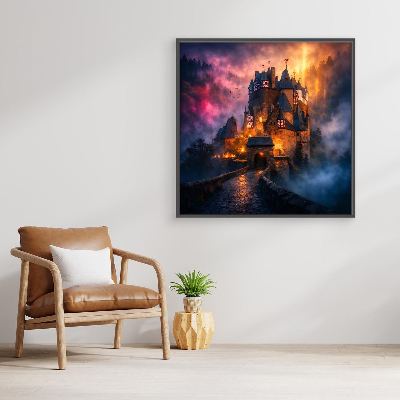 Leinwand Mystische Ritterburg im Nebel | Abstraktes Märchenschloss Wandbild