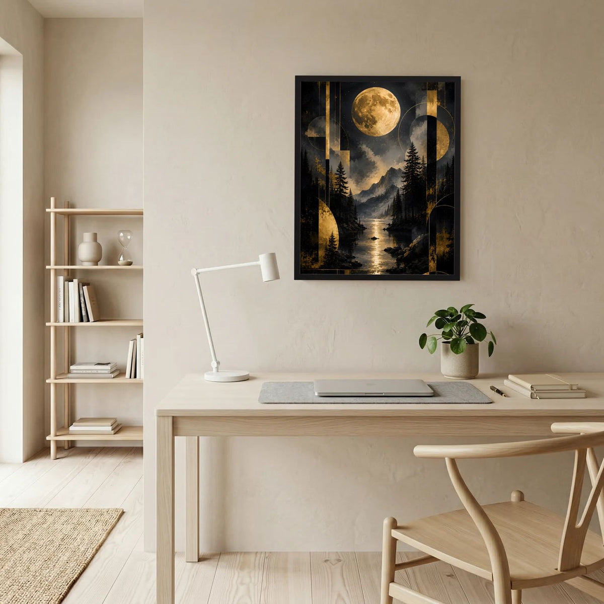 Schwarzes gerahmtes Poster mit goldenem Vollmond über Flusslauf, Tannen und Bergen