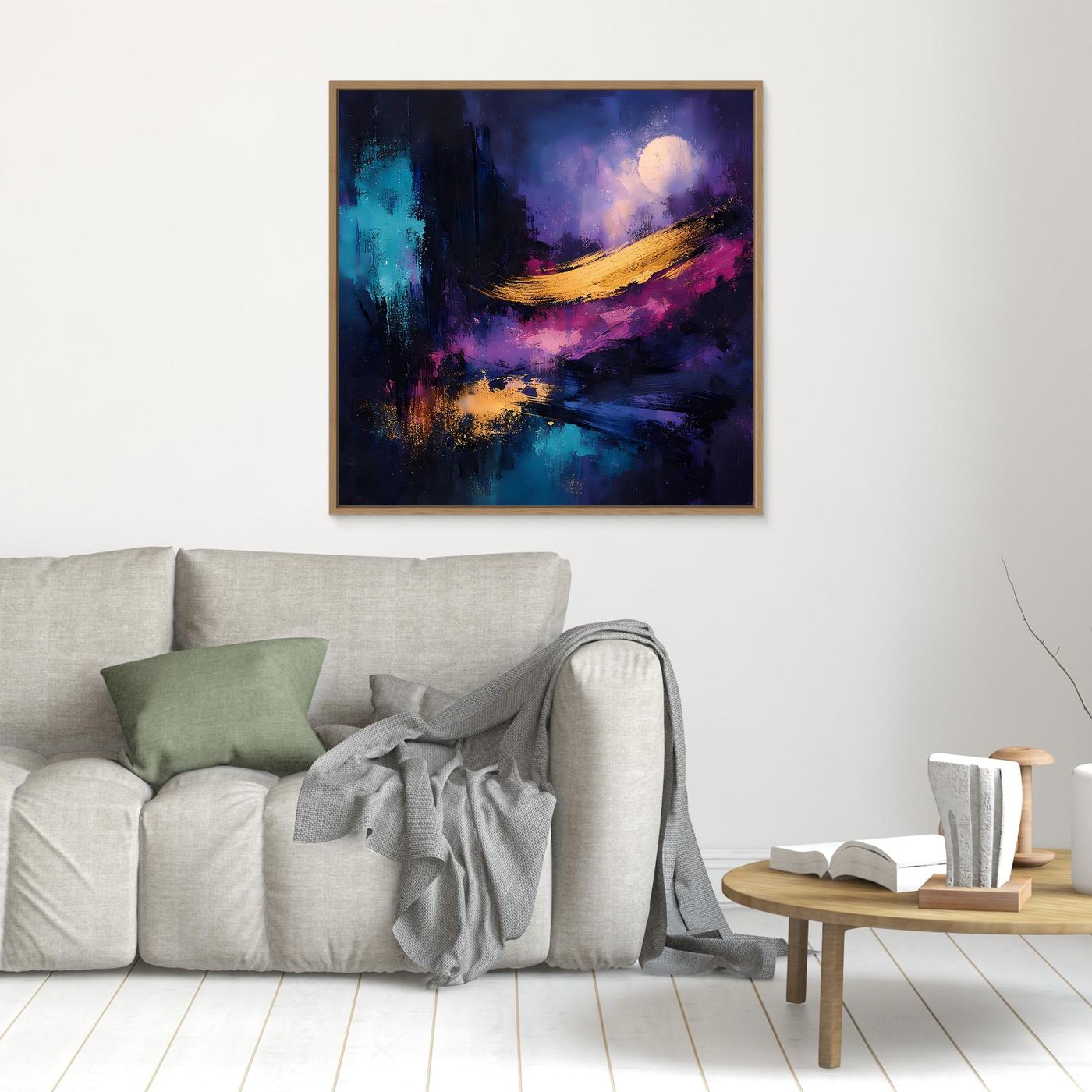 Hochkant-Leinwand-Wandbild mit braunem Rahmen, Vollmond über Bucht in Blau‑Magenta.