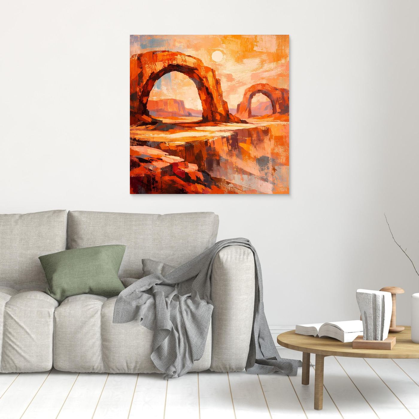 Kleines Wandbild mit abstrakten Wüstenbögen in Orange-Rot, mit hellem Holzrahmen