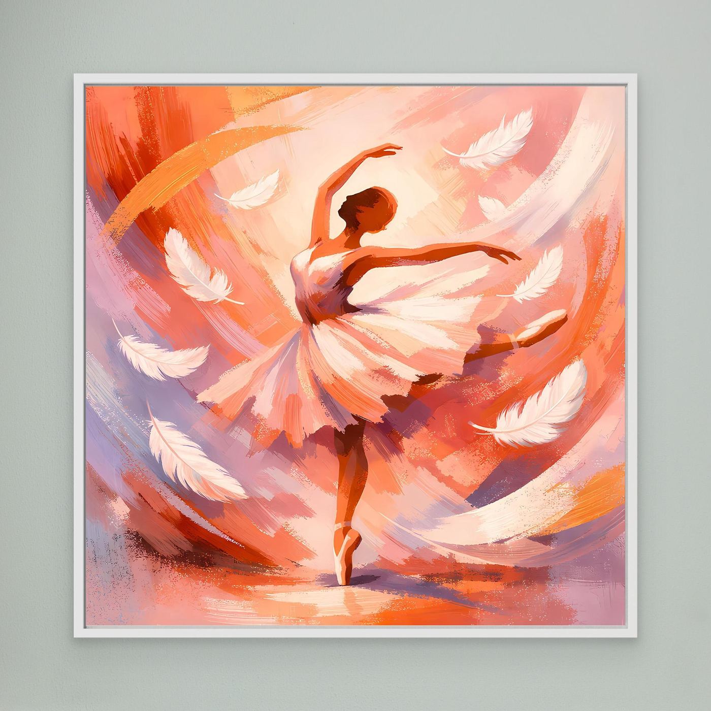 Leinwandbild mit abstrakter Ballerina in warmen Orange- und Rosatönen, weiß gerahmt