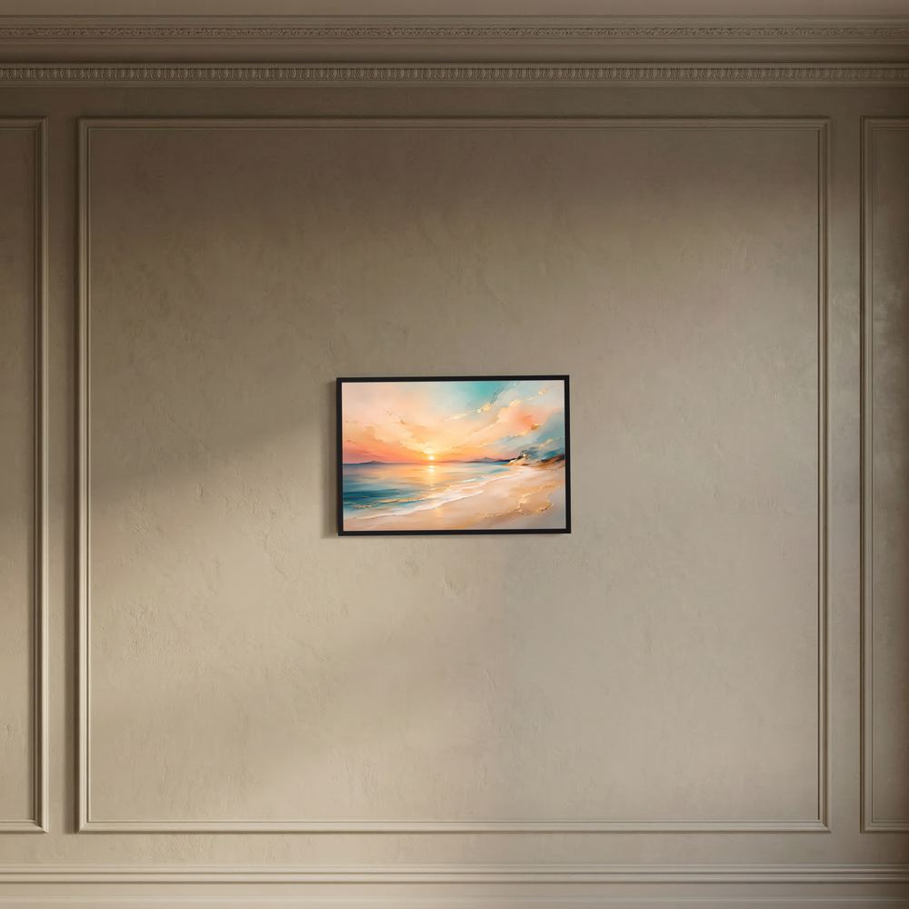 Gerahmtes Strandposter mit Sonnenuntergang am Meer, schwarzer Rahmen