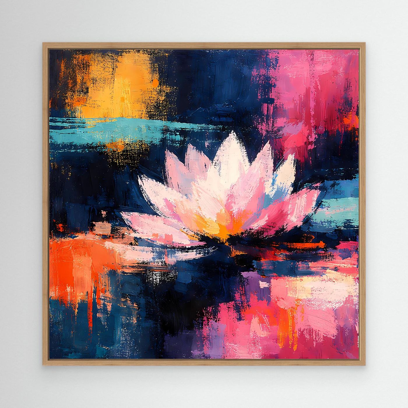 Abstraktes Leinwand-Wandbild mit Lotusblüte in Blau, Rosa und Gelb, im Eichenrahmen.