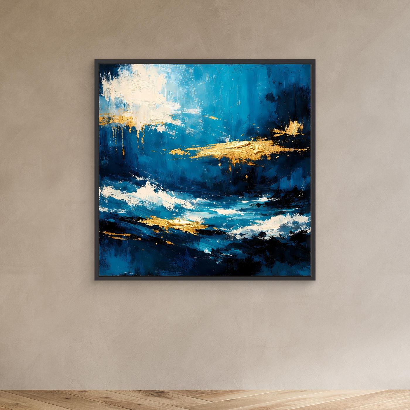 Leinwandbild mit abstrakten Meereswellen in Blau und Gold, im schwarzen Rahmen