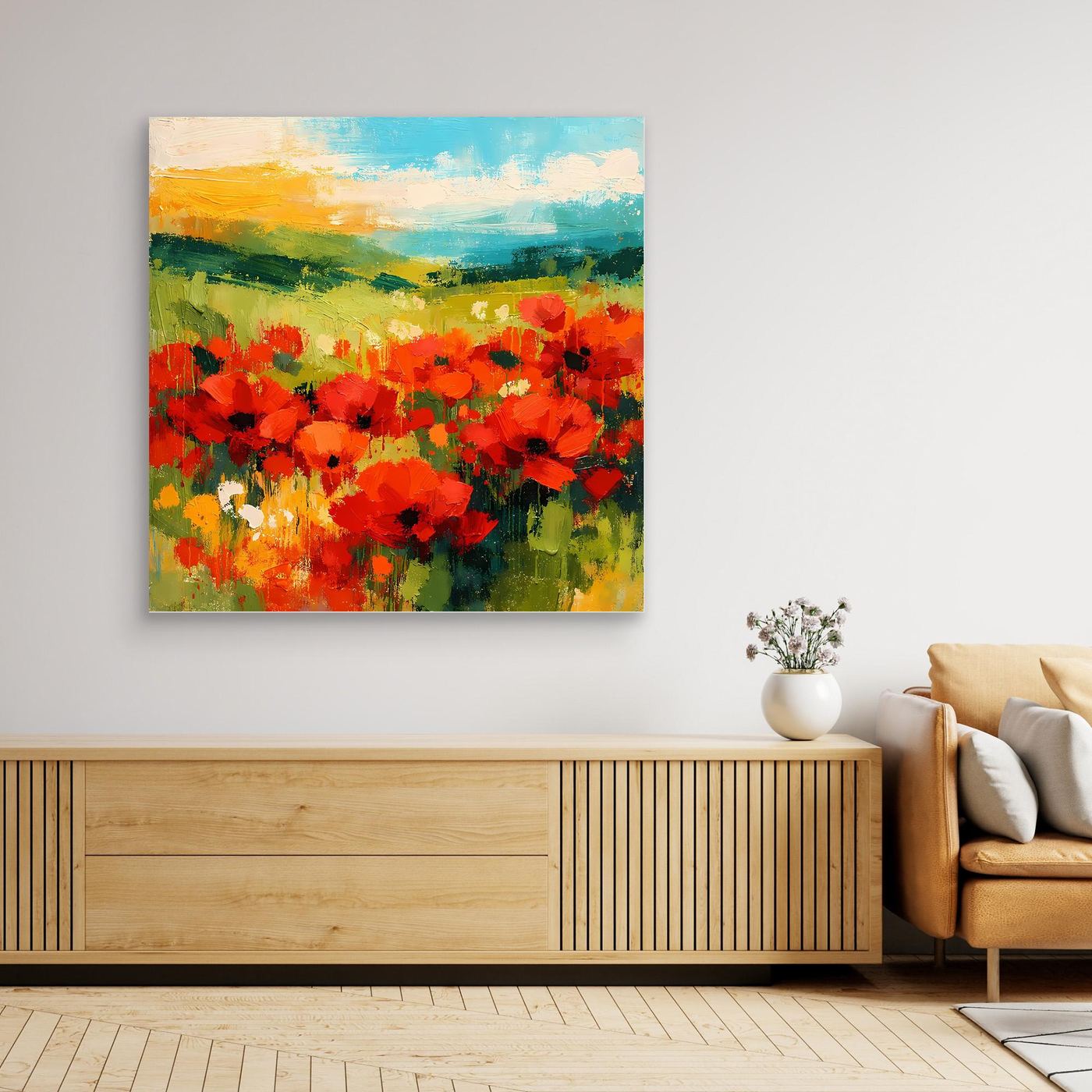 Poppy field canvas wall art, square floral landscape with red blossoms, no visible frame