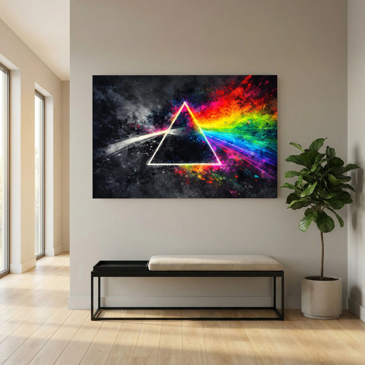 Wandbild im Querformat mit leuchtendem Prisma-Dreieck und farbiger Spektrallinie