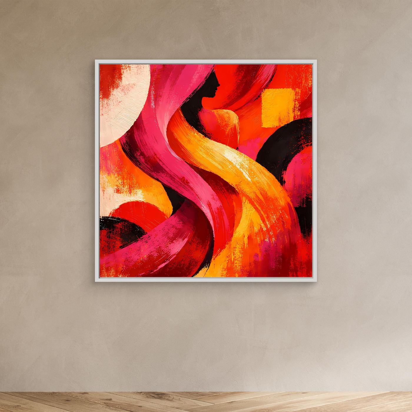 Leinwandbild mit abstraktem Silhouettenmotiv, rot, pink und gelb, mit dunklem Rahmen