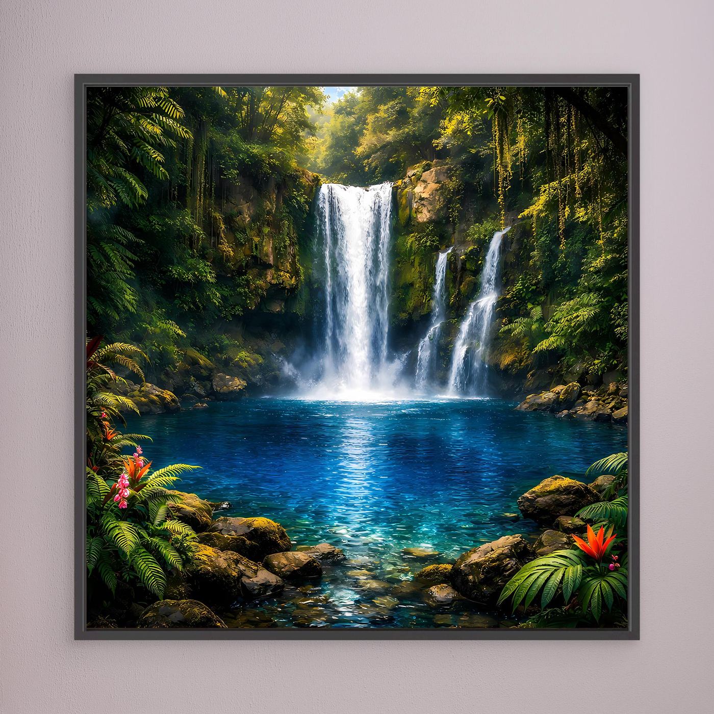 Leinwandbild tropischer Wasserfall mit dunkelgrauem Rahmen