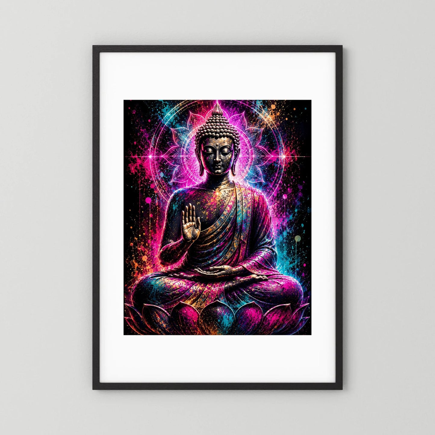 Hochformatiges Buddha-Neonmandala-Poster im schwarzen Rahmen: Meditationsbuddha auf Lotus, neon pink/türkis