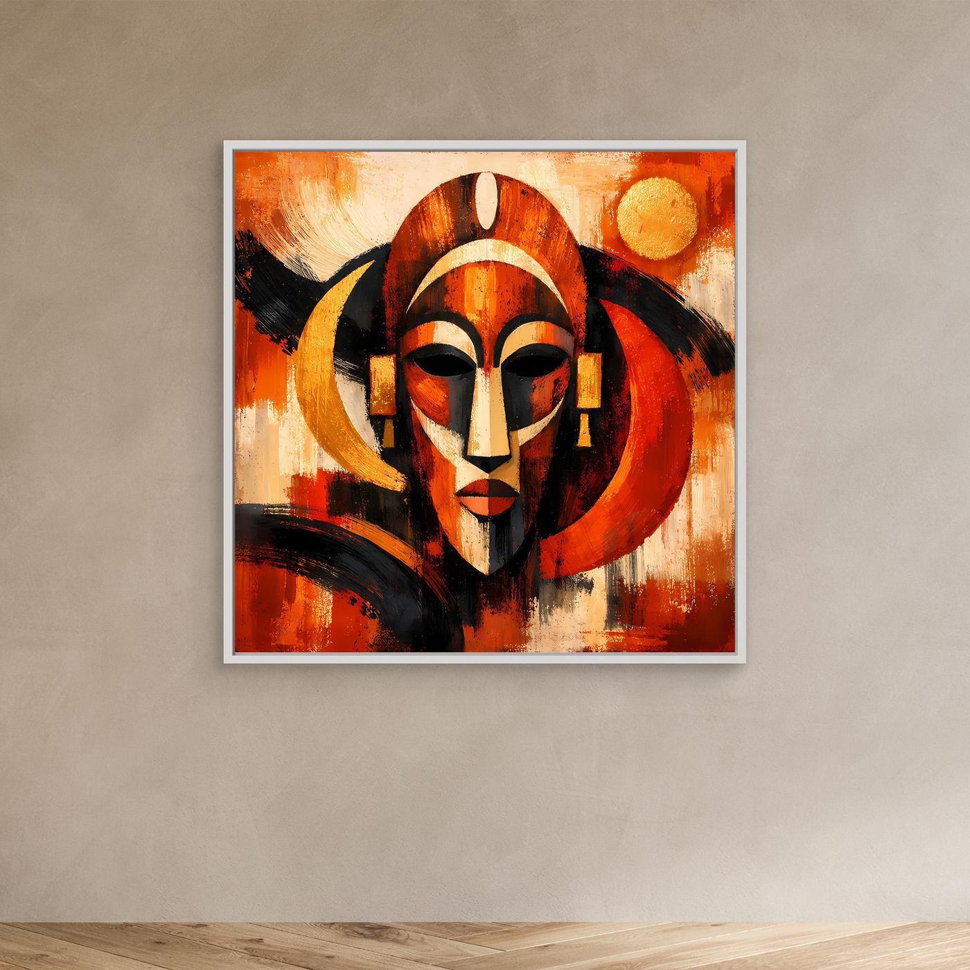 Wandbild mit weißem Rahmen, abstrakte afrikanische Maske in Orange und Schwarz
