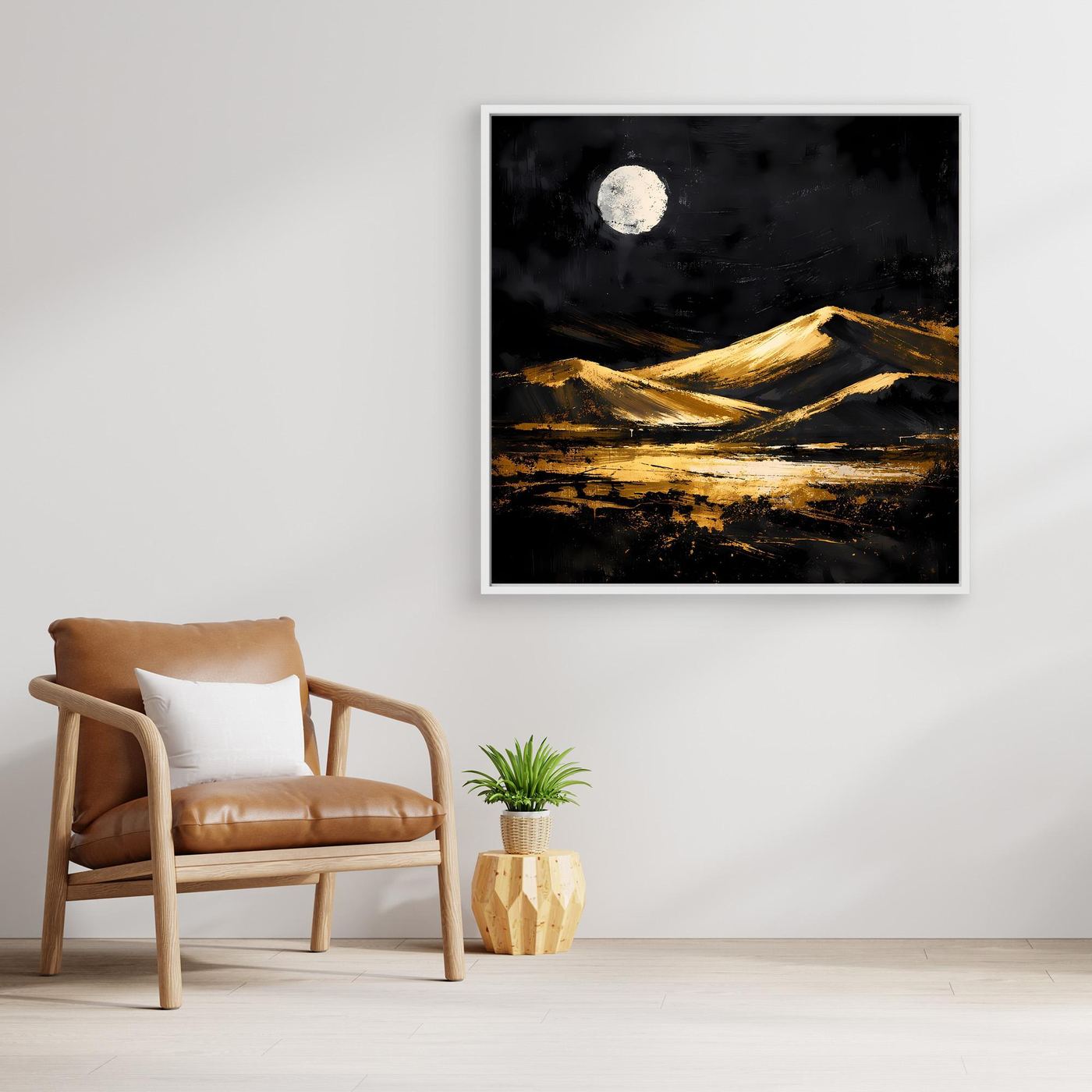 Leinwand Goldene Wüstendünen bei Vollmond | Modernes Abstraktes Landschafts Wandbild