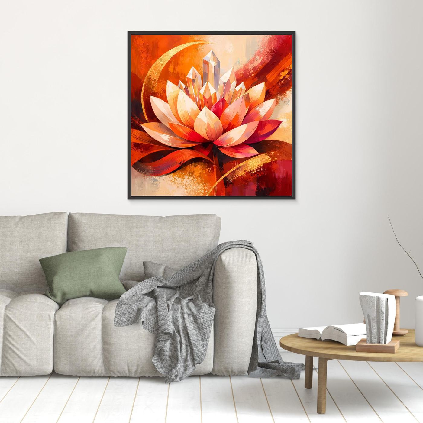 Abstraktes Leinwandbild mit Lotusblüte in Orange und Rot, schwarzer Rahmen