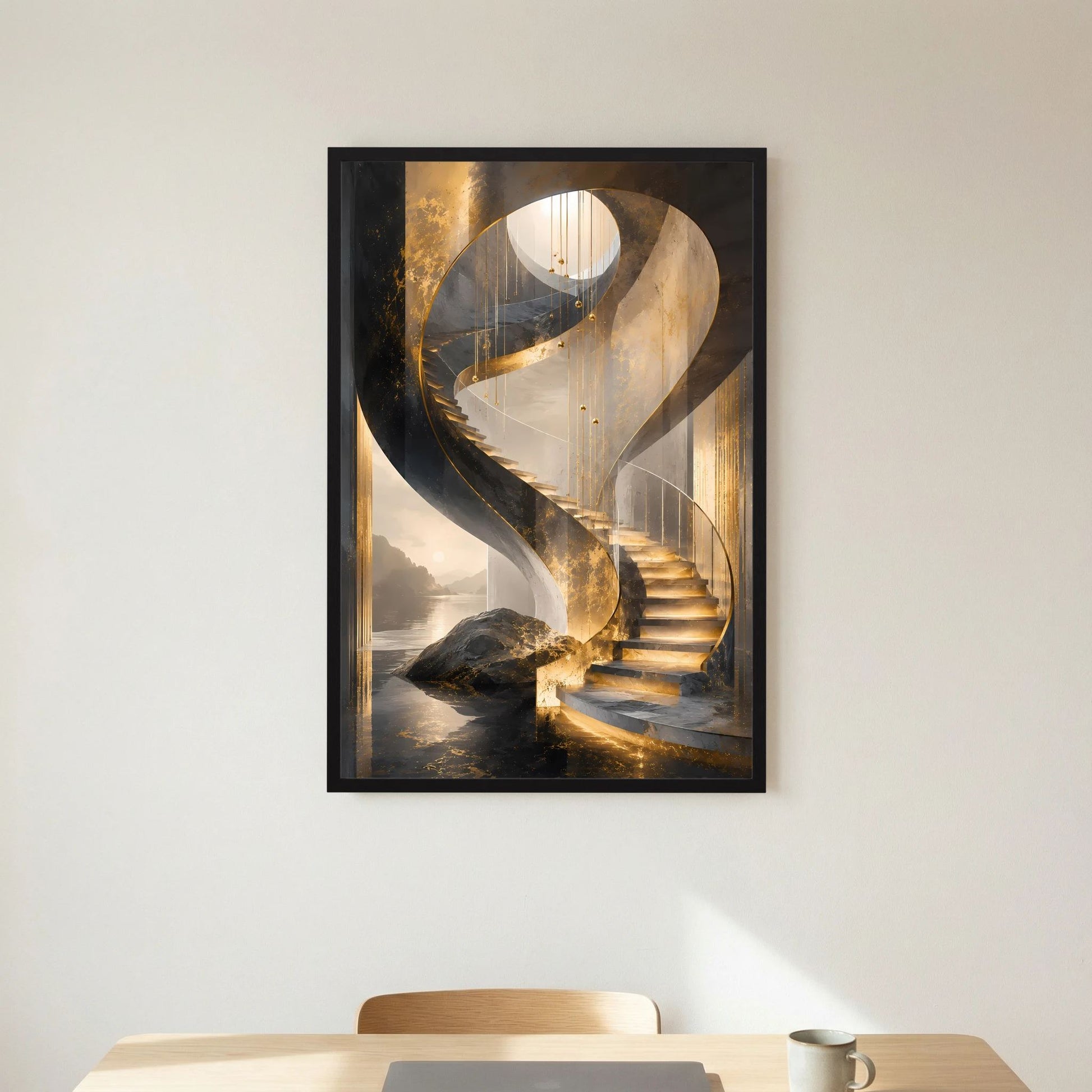Poster mit schwarzem Rahmen, abstrakte goldene Treppe in Spiralform im Hochformat