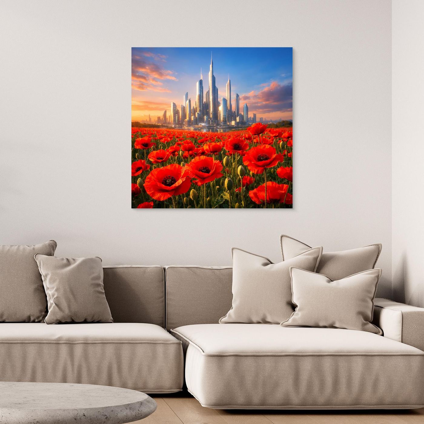 Gerahmtes Leinwandbild mit rotem Mohnfeld und futuristischer Skyline bei Sonnenuntergang