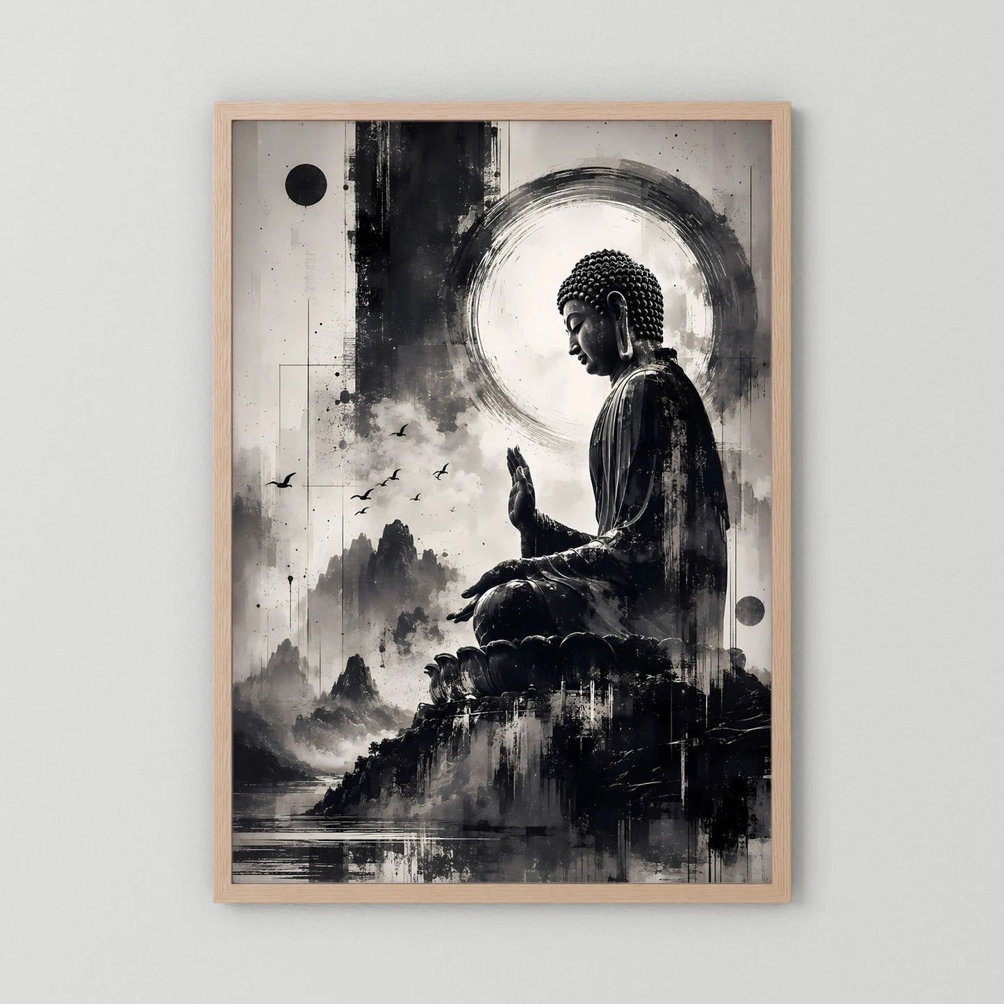 Poster mit Buddha-Motiv, Schwarzweiß, im hellen Holzrahmen