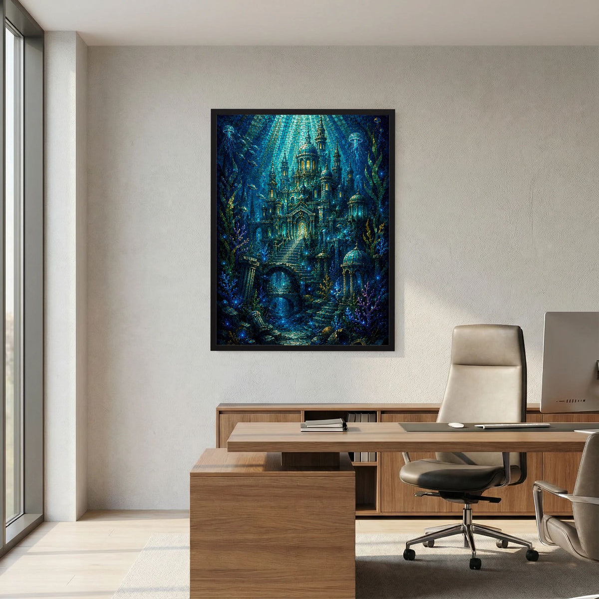 Ge­rahmtes Unterwasserstadt-Poster in Blau und Gold an der Wand über dem Schreibtisch.