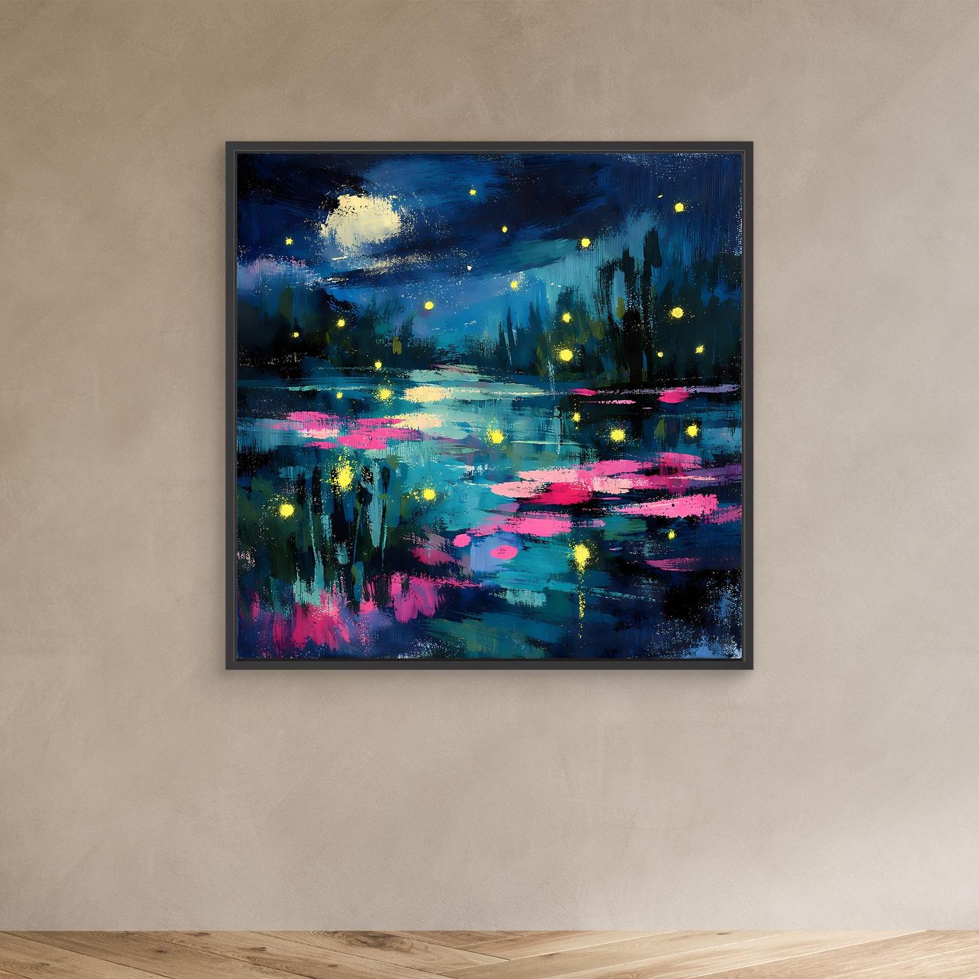 Abstract canvas wall art in black frame: moonlit lake with glowing fireflies and pink reflections