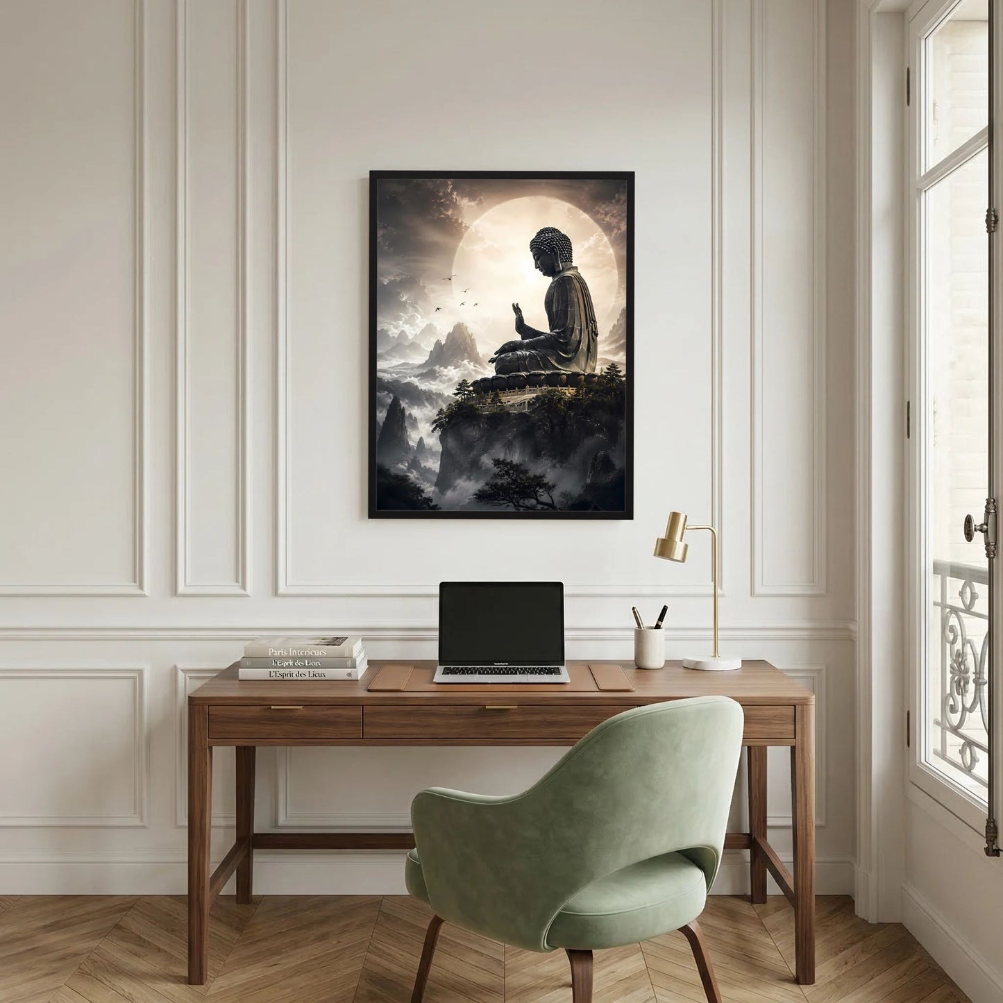 Hochformat-Poster mit stehender Halbmond-Lichthalo und Buddha-Silhouette über Wolken