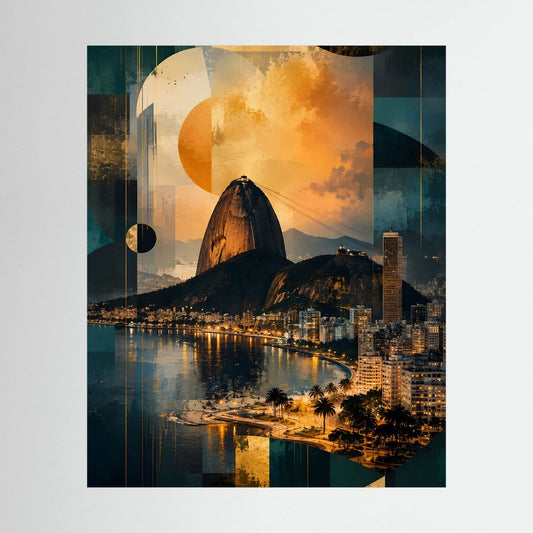 Hochformatiges Poster: abstrakte Rio-Skyline in Petrol und Gold mit Statue auf dem Berg