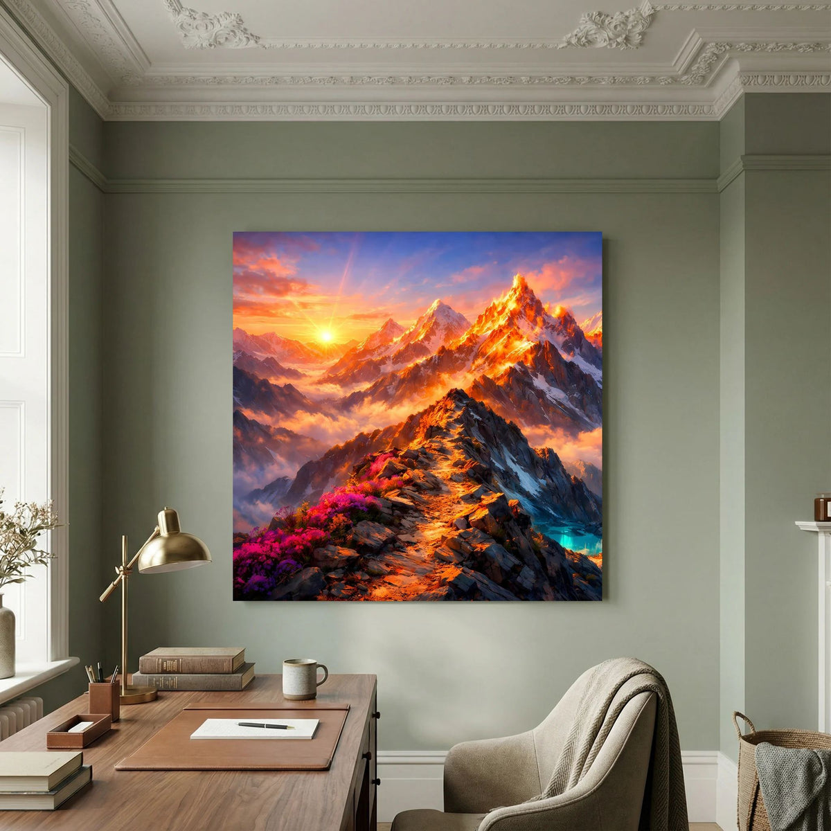 Leinwandbild auf Holzkeilrahmen: Berglandschaft im Sonnenuntergang, kräftige Farben.
