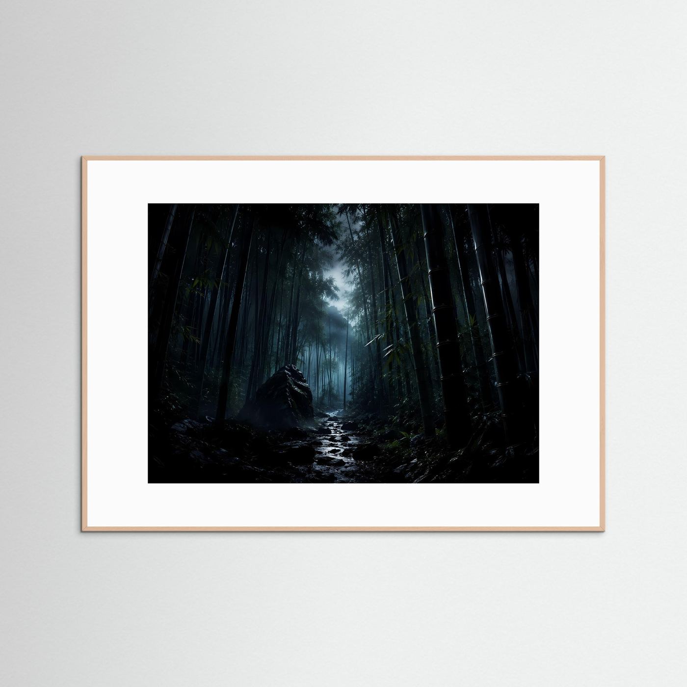 Mystischer Bambuswald bei Nacht Poster | Japanischer Zen Wald Nebel Landschaft Wandbild Querformat