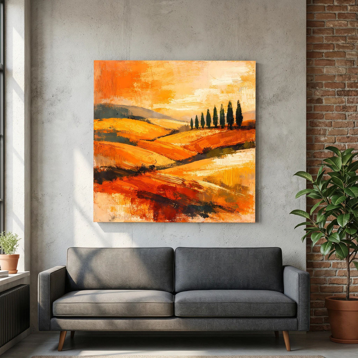 Leinwand-Wandbild mit Holzrahmen: abstrakte Hügellandschaft mit Zypressen und warmem Lichtverlauf.