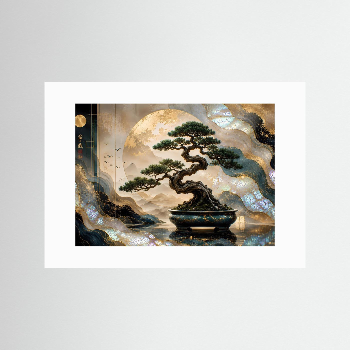 Majestätischer Bonsai in Gold & Perlmutt | Asiatische Zen Wandkunst