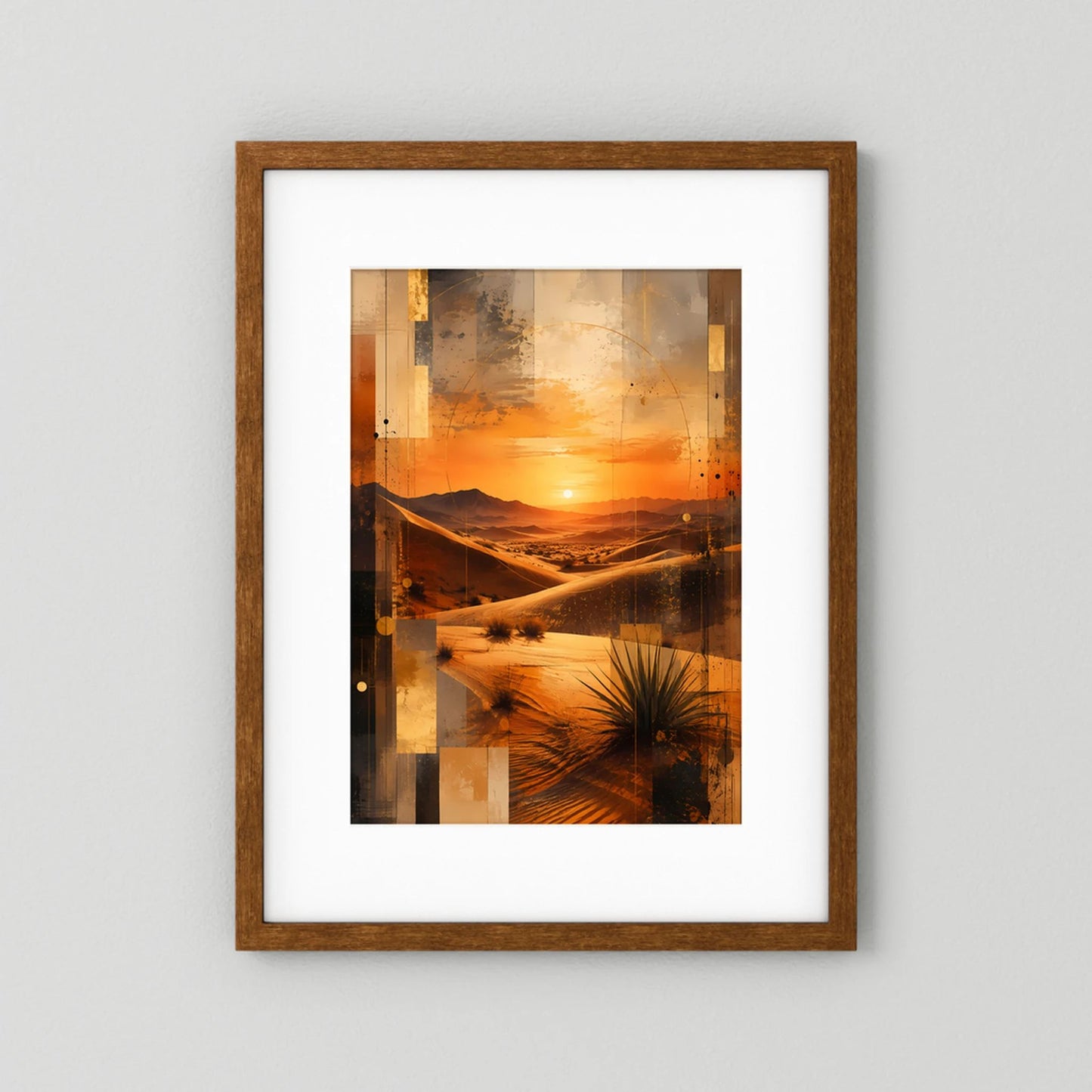 Wüstenlandschafts-Poster, Hochformat, brauner Holzrahmen; orange-schwarze Dünen mit weißem Rand