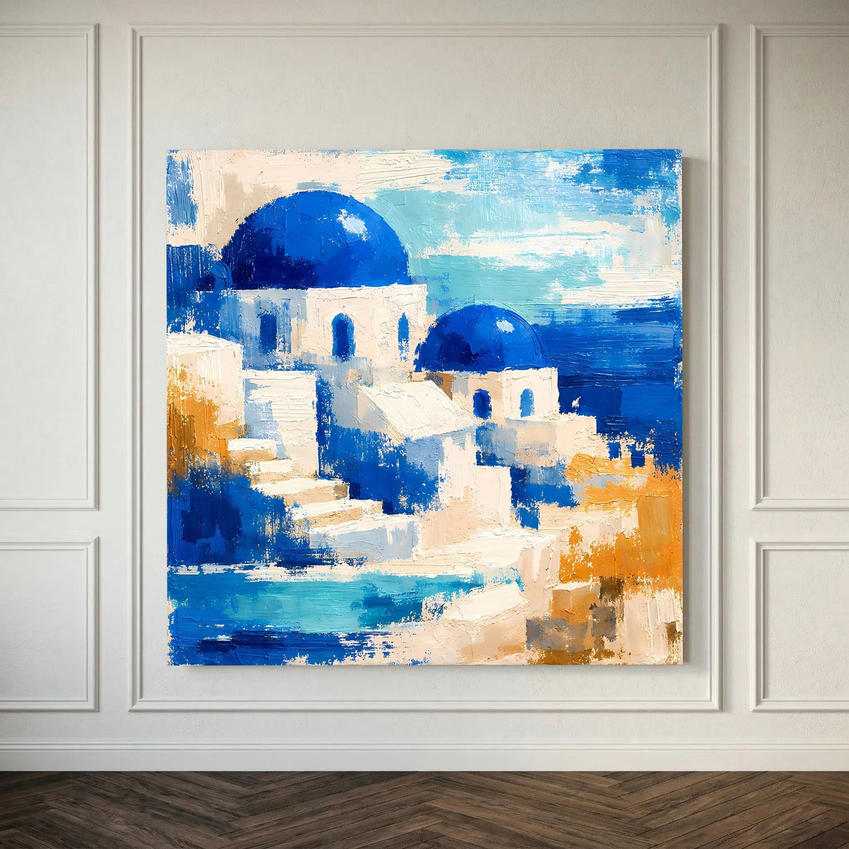 Gerahmtes Wandbild mit abstrakten blauweißen Häusern und großen blauen Kuppeln