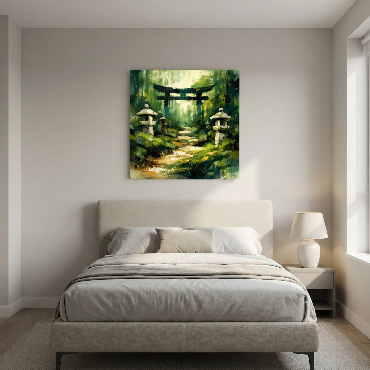 Leinwandbild mit Torii-Tor, zentralem Pfad und zwei Steinlaternen im Wald